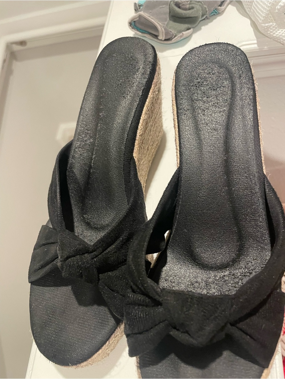 Black Wedge Slide Sandals with Bow - Women